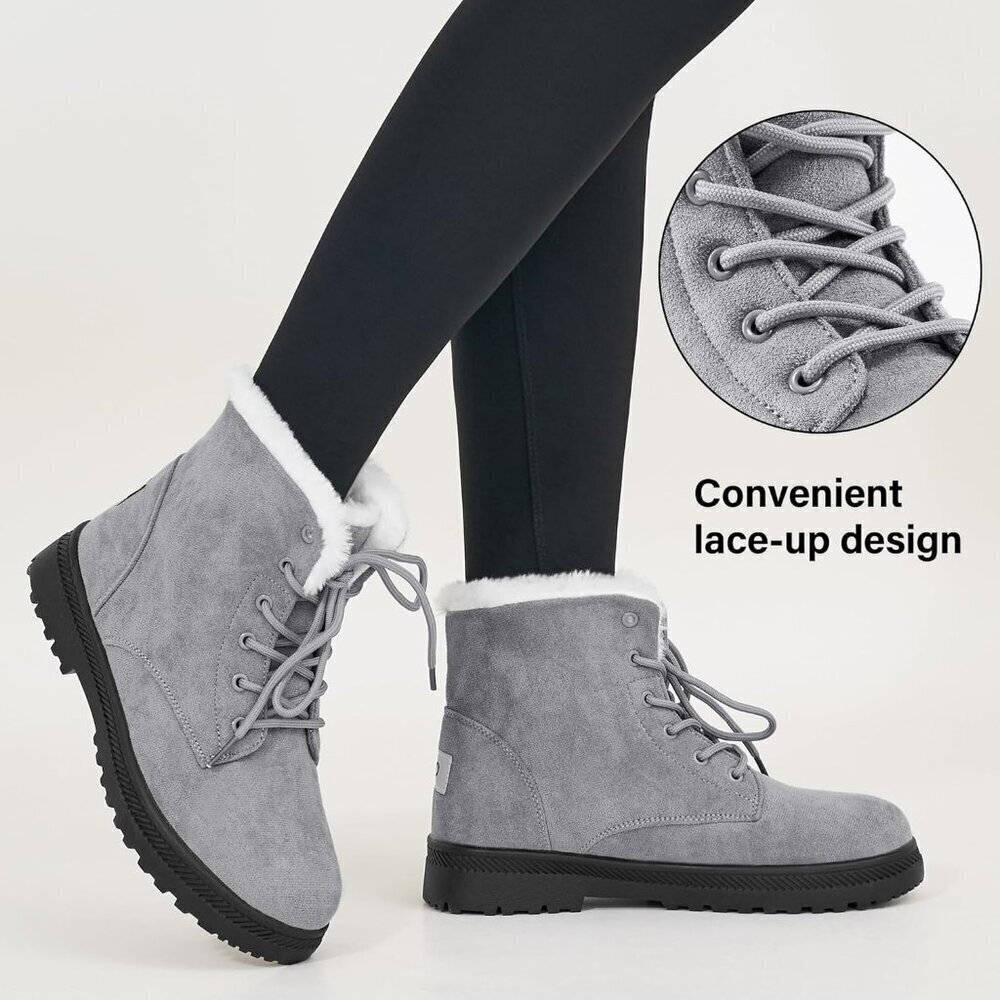 Alicegana Women's Winter Boots Snow Warm Fur Lined Lace Up Grey Non Slip Boots - Picture 5 of 7